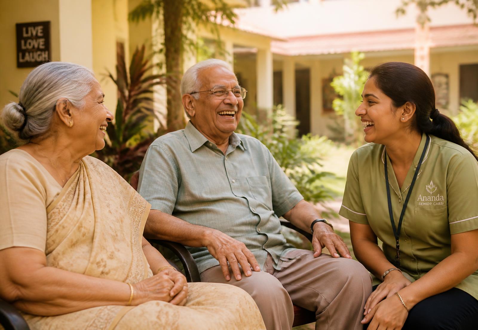 Smiling elderly residents sharing a happy moment with a caregiver in the garden